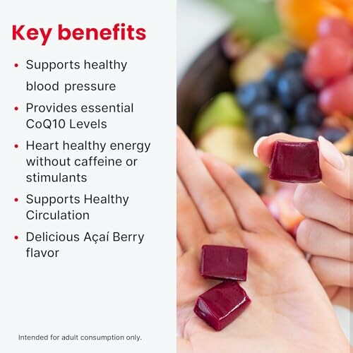 Hand holding acai berry squares with key benefits listed.