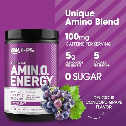Amino energy supplement with concord grape flavor and unique amino blend.