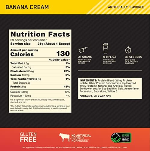 Nutrition facts and ingredients for banana cream protein powder.