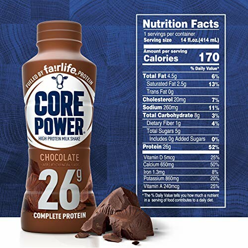 Core Power chocolate protein shake with nutrition facts.