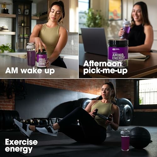 Woman using amino energy supplements throughout the day.
