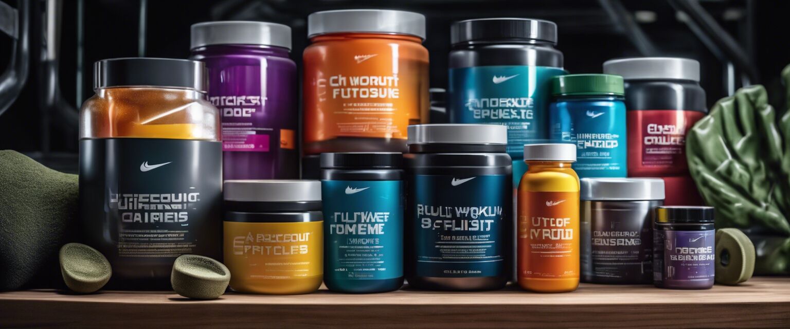 Pre-workout supplements arranged on a gym bench.