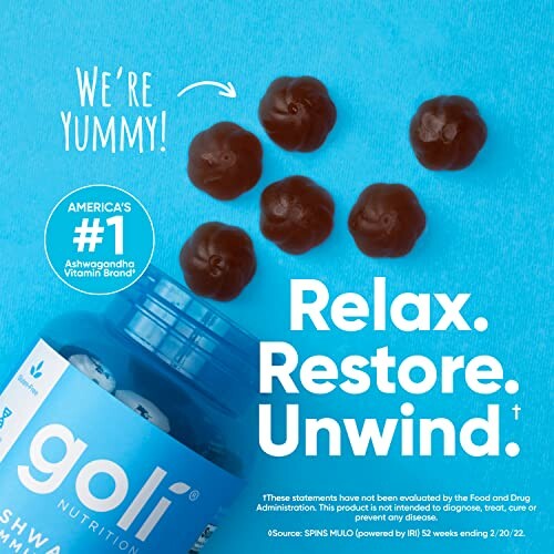 Goli Ashwagandha gummies with text 'Relax. Restore. Unwind.'