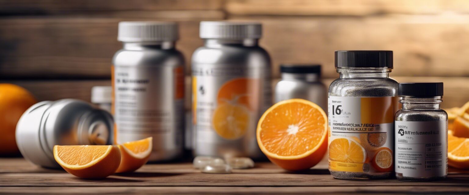 Vitamin supplements on a wooden background