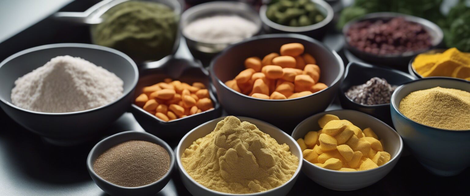 Ingredients of pre-workout supplements in bowls.