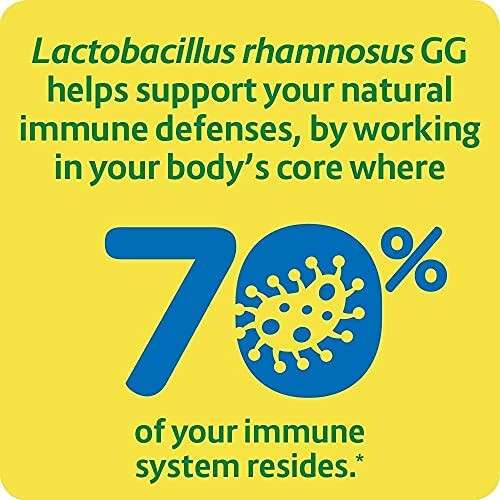 Graphic about Lactobacillus rhamnosus GG supporting immune defenses with 70% symbol.