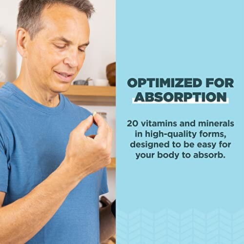 Man holding a vitamin supplement with text about absorption benefits.