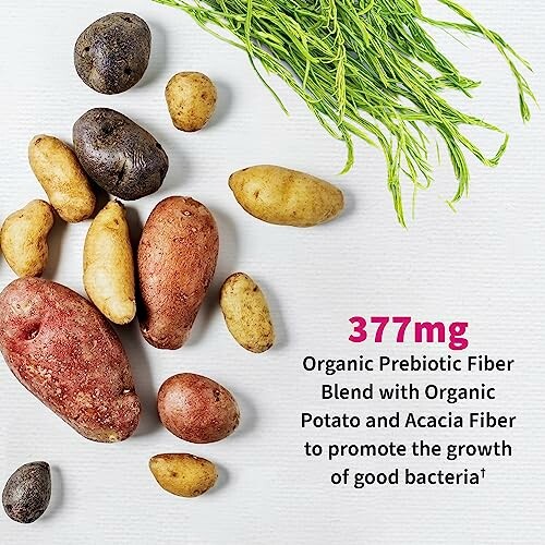 Assorted organic potatoes with text about prebiotic fiber benefits.