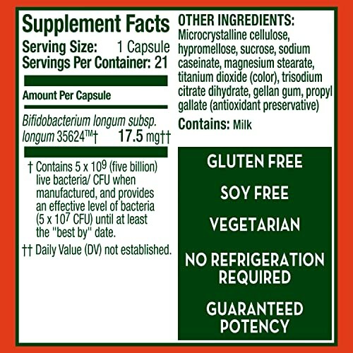 Supplement facts label for probiotic capsules, gluten free, soy free, vegetarian, no refrigeration required, guaranteed potency.