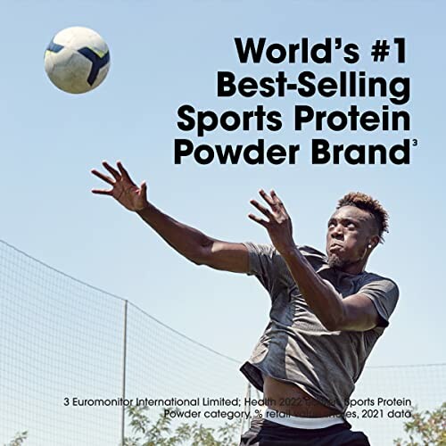Athlete playing soccer with text promoting world's best-selling sports protein powder brand.