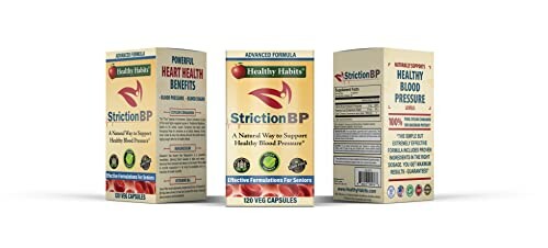 StrictionBP supplement bottle with health benefits highlighted.