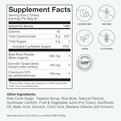 Supplement facts label for dietary chews, including ingredients and certifications.