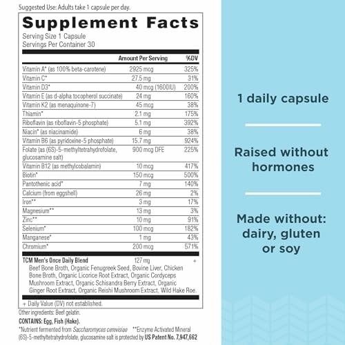 Supplement facts label for a daily capsule, highlighting vitamins and minerals, hormone-free, dairy-free, gluten-free, soy-free.