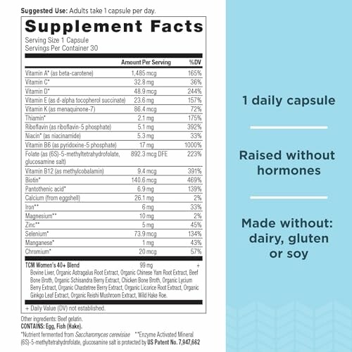 Supplement facts label with daily capsule details.