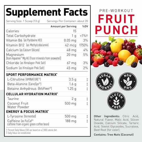 Supplement facts and ingredients for fruit punch pre-workout