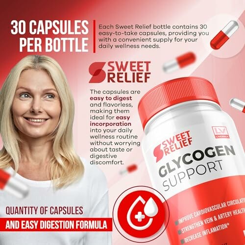 Sweet Relief Glycogen Support supplement with 30 capsules per bottle.