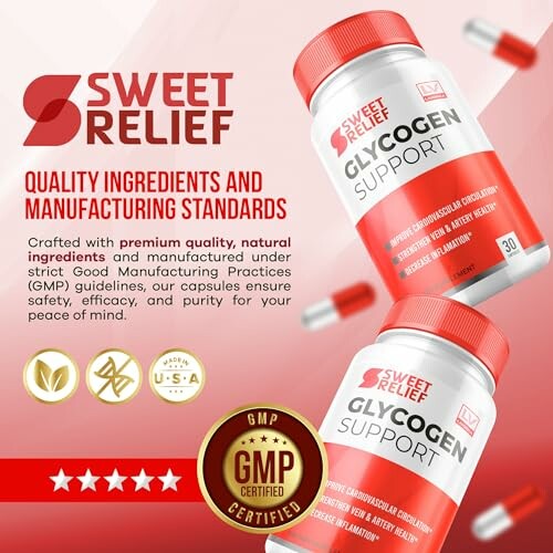 Sweet Relief Glycogen Support supplement bottles with quality certification badges.