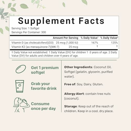 Supplement facts panel for vitamin D3 and K2 softgel with additional ingredients and allergy information.