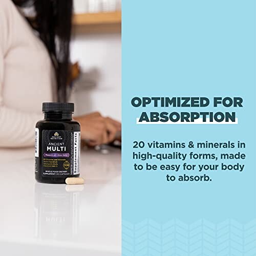 Vitamin supplement bottle with tablets promoting optimized absorption and 20 vitamins and minerals.
